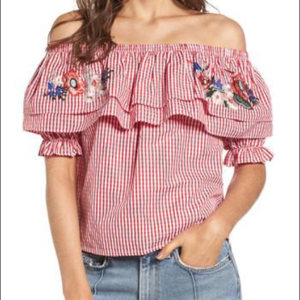 Adorable off shoulder gingham embroidered top!